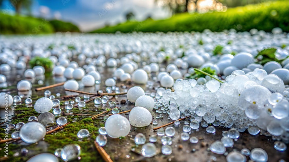 Hailstorm with ice pellets hitting the ground, severe weather, frozen ...