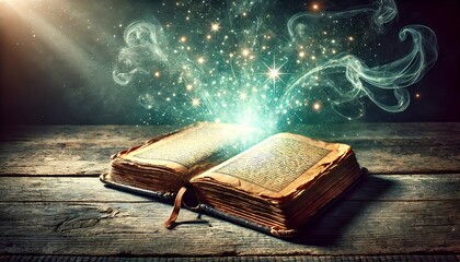 An open, ancient book with rough pages lies on a wooden surface. The pages are white, and magical light in shades of blue and green emanates