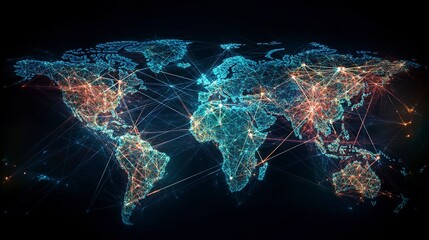 A world map overlaid with interconnected lines and nodes, representing the concept of globalization, international trade, and the interconnectedness of the global economy 