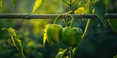 Poster - Close-Up of Green Pepper on Branch Supported by Wooden Stake: Sustainable Farming Without Chemicals or Pesticides, Perfect for Hobbyist Gardeners