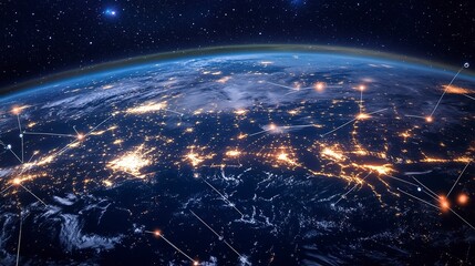 Sticker - Illuminated Earth with network arcs, showcasing global connectivity at night.