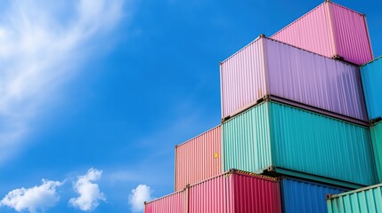 Stacked colorful shipping containers under a bright blue sky, symbolizing future efficient logistics, global trade, and streamlined supply chains.