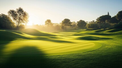 A serene golf course at sunrise, casting long shadows across the green, surrounded by trees in the golden morning light.