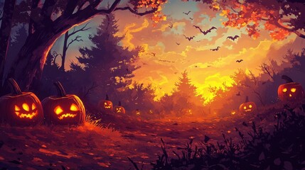 A spooky forest sunset with a haunted evil glowing eyes of Jack O' Lanterns