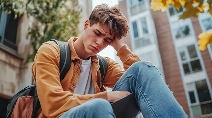 Wall Mural - Student, mental health and depression with anxiety, burnout and sad for exam results, fail or mistake while sitting outdoor. Young man, stress and tired and depressed on university or college campus