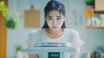 Poster - Sad woman with fat upset bored of dieting Weight loss fail Fat diet and scale sad asian woman on weight scale at home weight control 