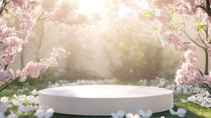 3D podium in a tranquil garden filled with sakura cherry blossoms, soft sunlight filtering through the petals. Ideal for natural beauty product displays in a spring setting.