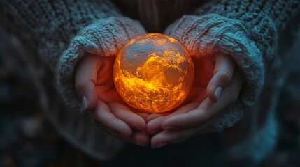 Sticker - Warm hands tenderly holding a glowing globe against a dark knitted background, depicting care and global connection.