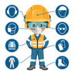 © Ipajoel - Engineer with personal protective equipment and icons, safety pictograms. Helmet, vest, glasses, gloves, footwear, coverall, ear protection, mask. Industrial safety and occupational health at work