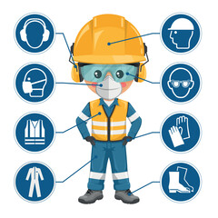 Engineer with personal protective equipment and icons, safety pictograms. Helmet, vest, glasses, gloves, footwear, coverall, ear protection, mask. Industrial safety and occupational health at work