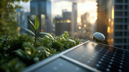 Green Plant Growing on Rooftop with Solar Panel and City Skyline