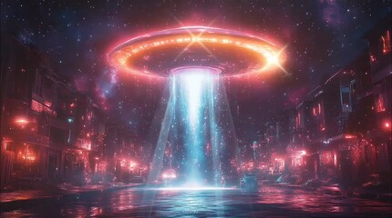 Wall Mural - Large UFO with glowing lights hovering over a futuristic city, casting a beam of light down to the street. Seamless looping time-lapse 4k video animation background