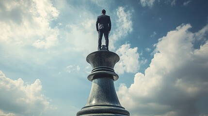 Canvas Print - Businessman atop a giant chess piece in a strategic game setting, representing strategic planning and foresight