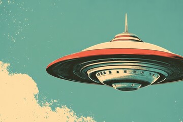 Retro UFO Flying Above Clouds in Vintage Style