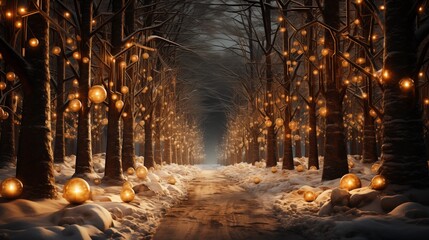 Wall Mural - Winter forest background with a road perspective and Christmas trees decorated with garland lights