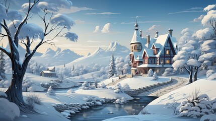 Wall Mural - Winter in the village, holiday season postcard style illustration. Merry christmas and happy new year concept