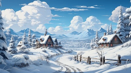 Wall Mural - Winter in the village, holiday season postcard style illustration. Merry christmas and happy new year concept