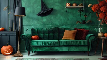 Wall Mural - A cozy living room decorated for Halloween with a green couch, pumpkins, and autumnal decor