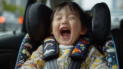 Wall Mural - A happy child in a car seat. AI.