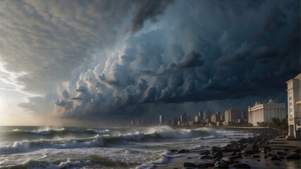 Canvas Print - Dramatic clouds over a city and the ocean. AI.