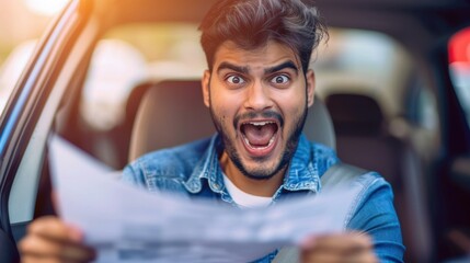 Poster - A man in a car looks shocked as he reads a paper. AI.