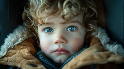 Canvas Print - A young child with curly blonde hair looks thoughtfully at the camera. AI.