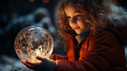 Wall Mural - wonder on a child's face as they unwrap a present to find a magical snow globe that transports them into a winter wonderland.