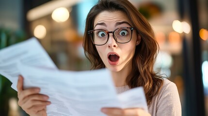 Sticker - Impressed brunette lady in spectacles holding fail statistics documents with shocked facial expression. Frustrated accountant analyzing printed moving 