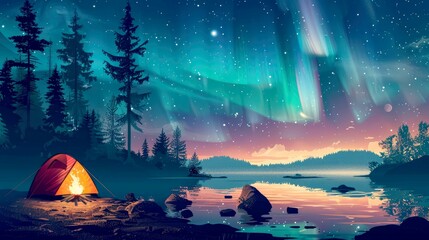 Wall Mural - Campsite Underneath the Northern Lights with a Bonfire