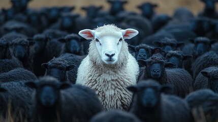 Amidst a herd of black sheep, a white sheep stands prominently, representing leadership and individuality.