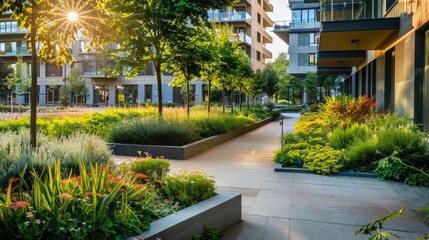 Poster - Strategies for sustainable landscaping and green spaces around construction site buildings.