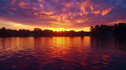 Wall Mural - Sunsets set the sky ablaze with fiery oranges and purples, casting a serene glow.