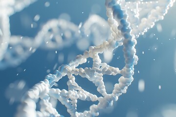 Closeup of the double helix DNA structure, a realistic 3D model, on a blue background with soft shadows and highlights, 