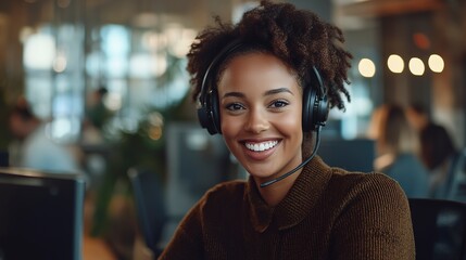 Canvas Print - A smiling woman wearing a headset in a call center. Ideal for customer service concepts