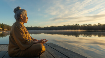 An old Chinese woman meditating on the edge of a lake at sunset, with a serene water landscape in the background