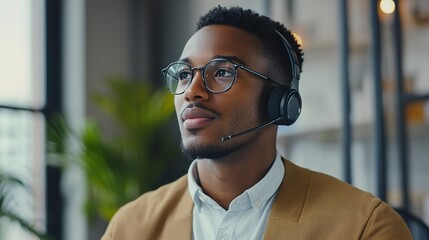 Sticker - Friendly and attentive agent wearing a professional headset, focused on resolving customer issues in a sleek, modern office setting with a calm and organized atmosphere. 