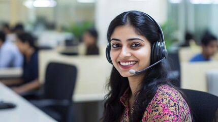 Poster - A photo of indian female customer service operator with headset and smiling, with collegues at background.