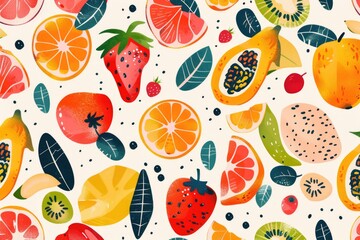 Wall Mural - A variety of colorful fruits arranged on a clean white surface, great for food photography and illustration