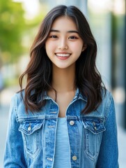 Wall Mural - Smiling Asian Woman in Blue Jeans