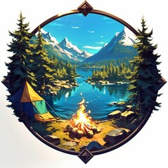 Wall Mural - A Campsite With a Bonfire and a Tent by a Lake in a Mountainous Landscape