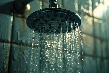 Wall Mural - A shower head with water flowing from it