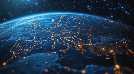 From space, an abstract digital globe shows Western Europe, highlighting connectivity.