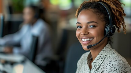 Wall Mural - A woman with a smile on her face, wearing formal wear and a headset, is sitting in a call center room, providing service and hearing customer inquiries as part of her job in employment 