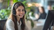 © Thanthara - Call center, conversation and happy woman at help desk for advice, sales and telemarketing in headset. Consulting, communication and face of virtual assistant, customer service agent or crm advisor