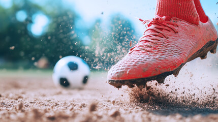 Poster - Football player in red soccer boot shoes, kicking ball on dusty field