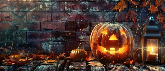 Wall Mural - A glowing pumpkin lantern surrounded by autumn leaves on a rustic table