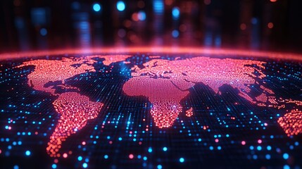 Wall Mural - Global network connectivity and telecommunication are represented in an abstract digital world map.