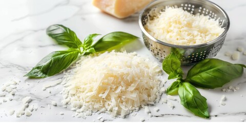 Canvas Print - Shredded Parmesan and Grated Cheese with Fresh Basil on a Stone Surface