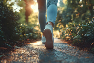 A person walking on a sunlit forest trail, surrounded by lush greenery, showcasing a peaceful outdoor journey.