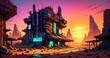 © Shane Sparrow - cyberpunk town city wasteland in the desert at sunset. futuristic dystopian sci fi buildings in oasis sahara ghetto slum outpost with sandy road canyon rocks in horizon.